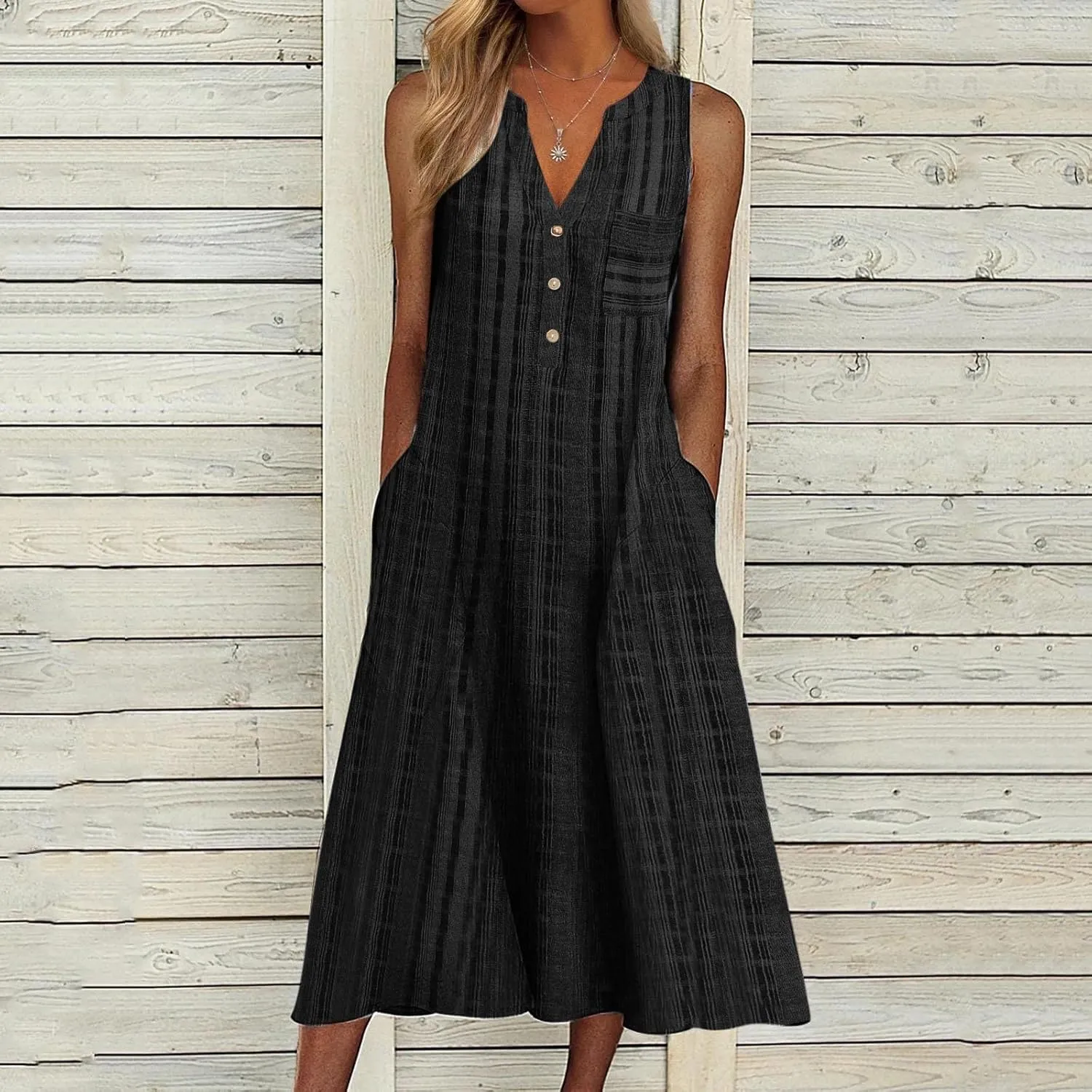 Casual Summer Dresses for Women Stripe Button V Neck Sleeveless with Pocket Long Dresses Holiday Beach Party Midi Dress