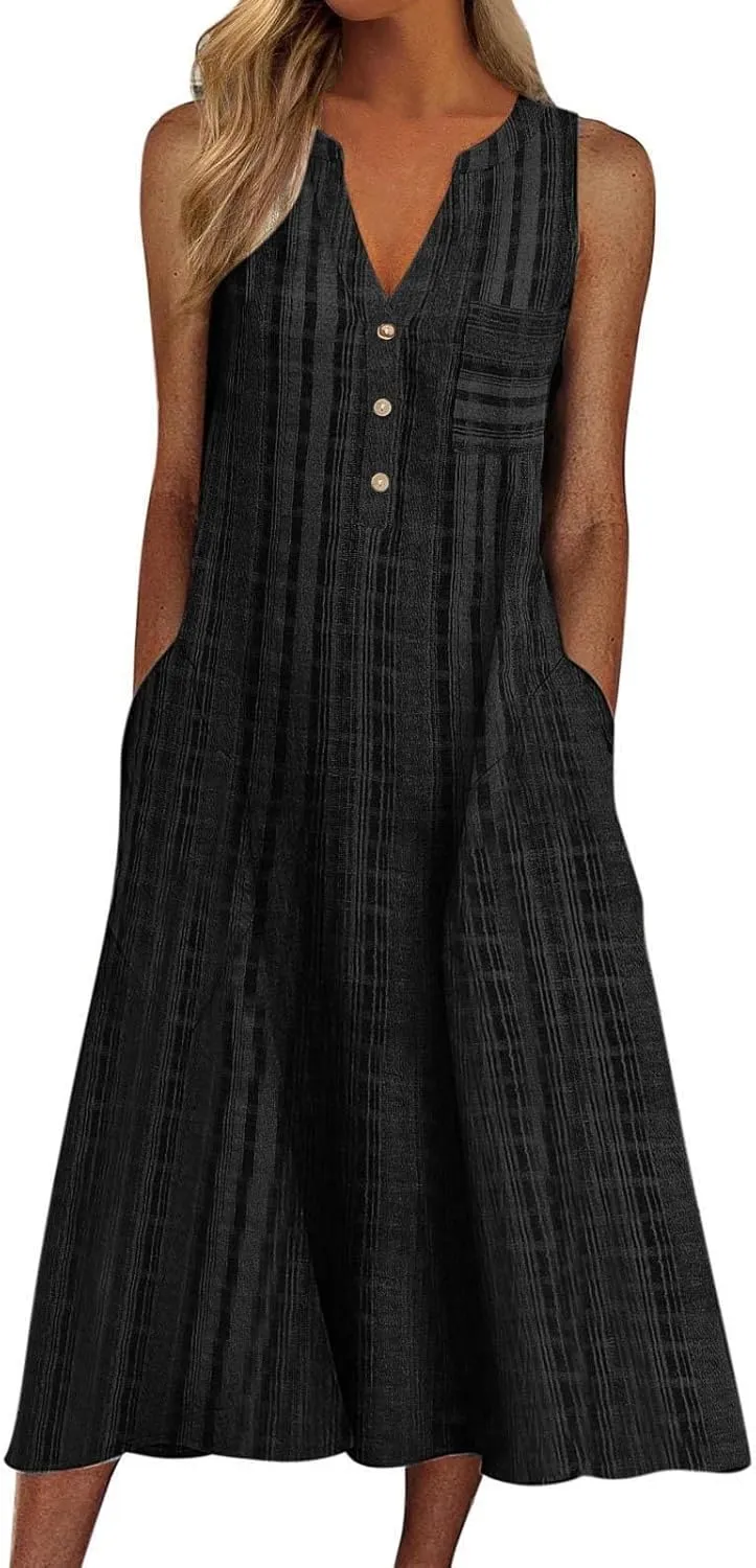 Casual Summer Dresses for Women Stripe Button V Neck Sleeveless with Pocket Long Dresses Holiday Beach Party Midi Dress
