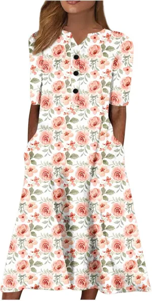 Ceboyel Womens 2023 Boho Floral Maxi Dress Button Flowy Long Dresses Short Sleeve Shirt Dress Vintage Causal Summer Clothes