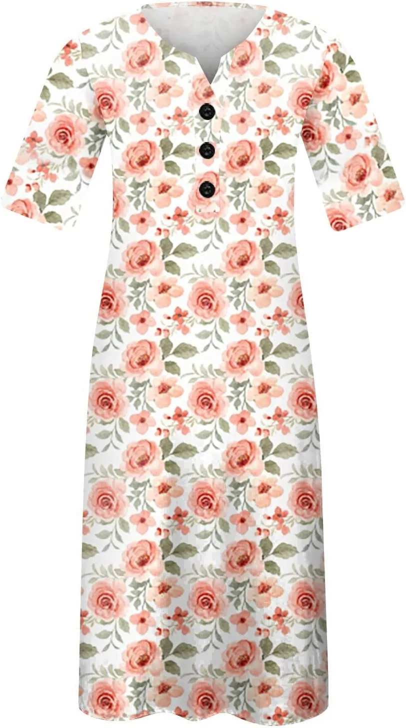 Ceboyel Womens 2023 Boho Floral Maxi Dress Button Flowy Long Dresses Short Sleeve Shirt Dress Vintage Causal Summer Clothes