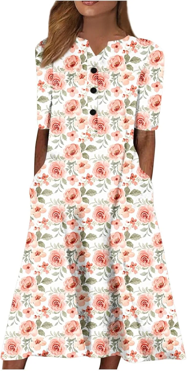 Ceboyel Womens 2023 Boho Floral Maxi Dress Button Flowy Long Dresses Short Sleeve Shirt Dress Vintage Causal Summer Clothes
