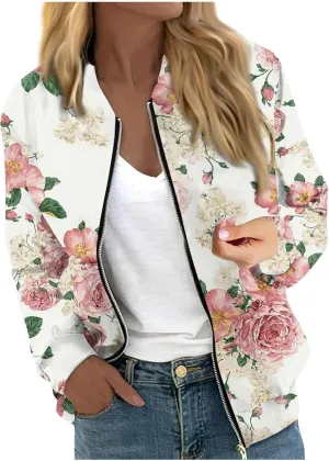 ChicCrate Bomber Jacket Women 2025 Long Sleeve Stand Collar Fall Jackets Lightweight Causal Floral Zip Up Coats