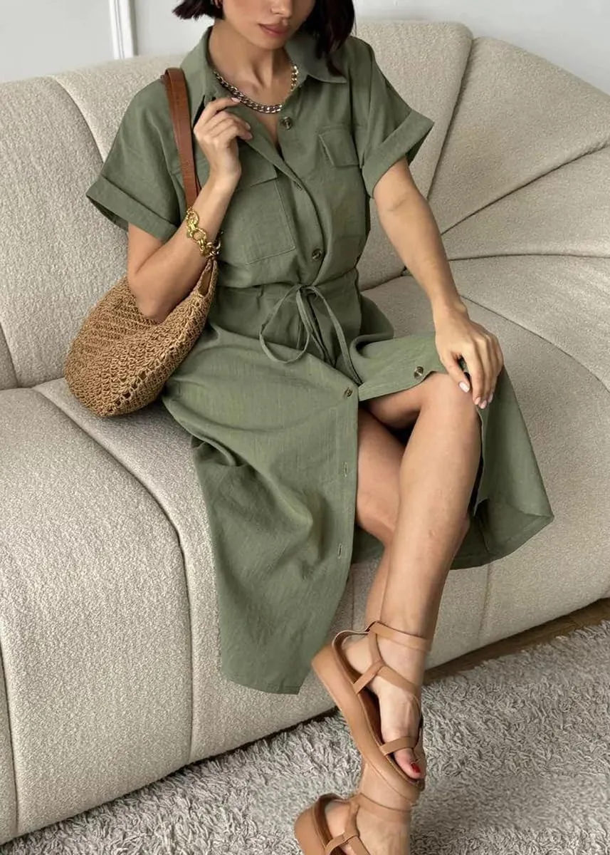 chouyatou Women's Summer Button Down Shirt Dress High Elastic Waist Boho Beach Midi Long Tunic Dress