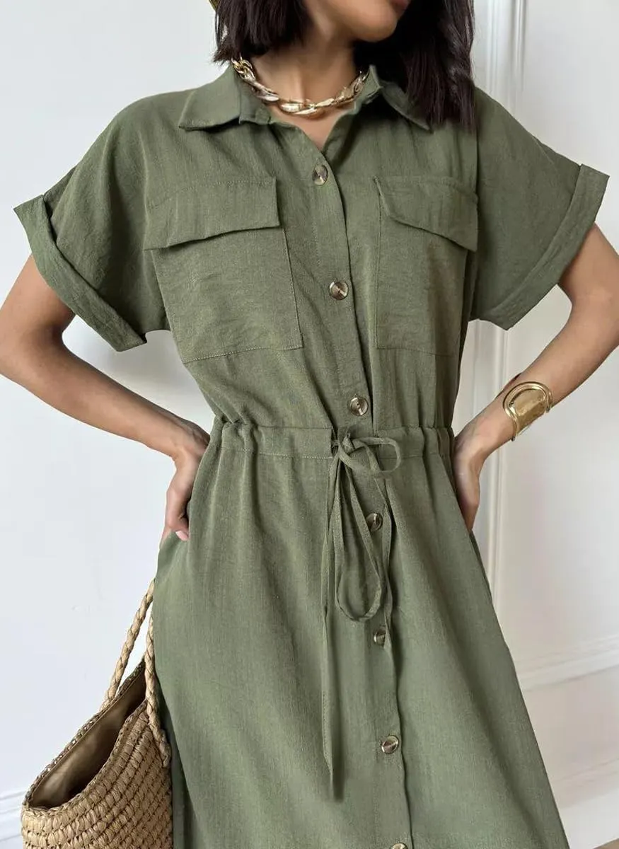 chouyatou Women's Summer Button Down Shirt Dress High Elastic Waist Boho Beach Midi Long Tunic Dress