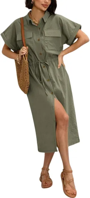 chouyatou Women's Summer Button Down Shirt Dress High Elastic Waist Boho Beach Midi Long Tunic Dress