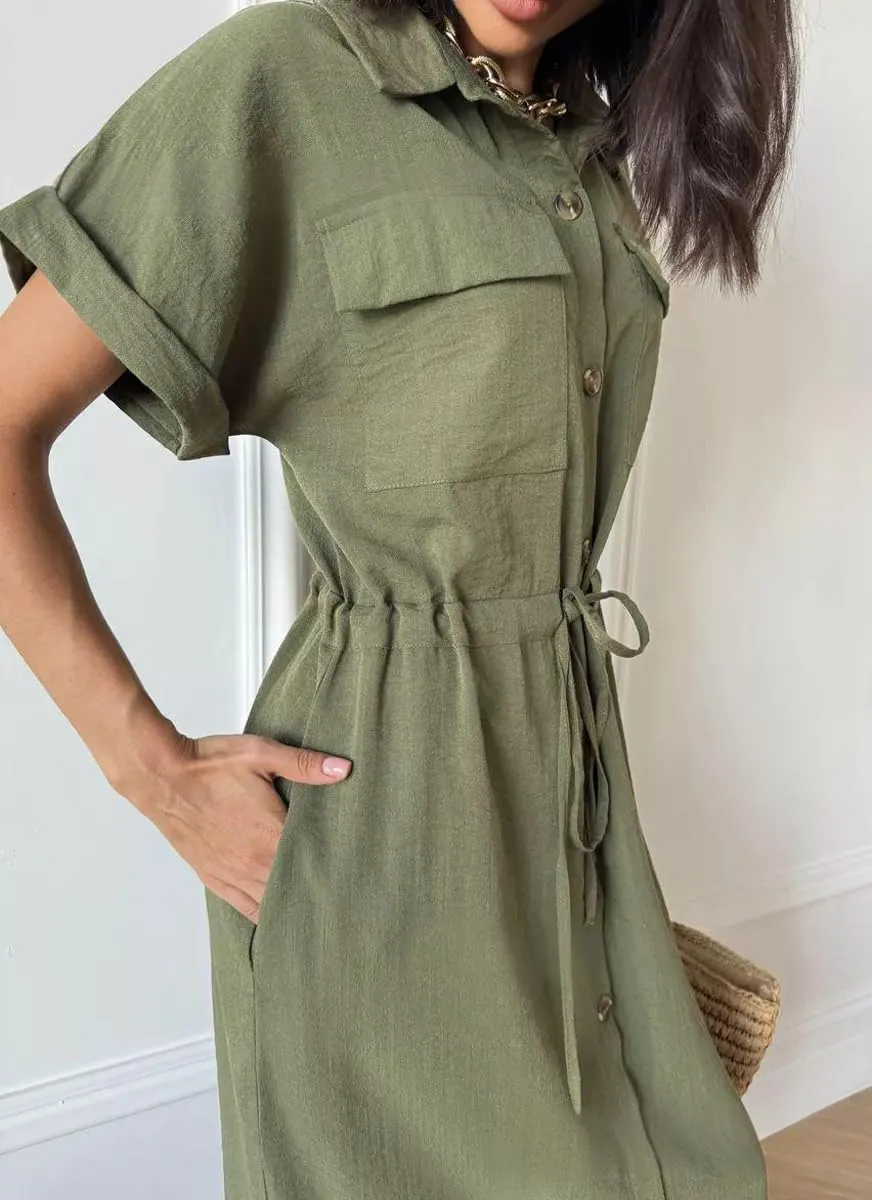 chouyatou Women's Summer Button Down Shirt Dress High Elastic Waist Boho Beach Midi Long Tunic Dress