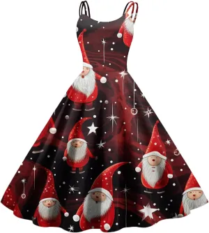 Christmas Dresses for Women Vintage Cocktail Swing Vacation Knee Length Midi Casual Dresses Holiday Beach Party Dress