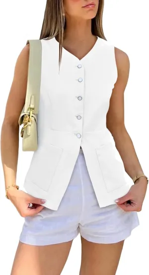 Cicy Bell Womens Button Down Vest Tops Summer Fitted Sleeveless Tank Tops Dressy Casual Business Waistcoat