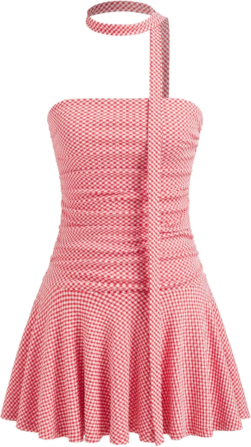 CIDER Summer Mini Dress for Women Gingham Ruched Ruffle Tube Dress with Scarf Bandeau Dress Cute Vacation Outfits