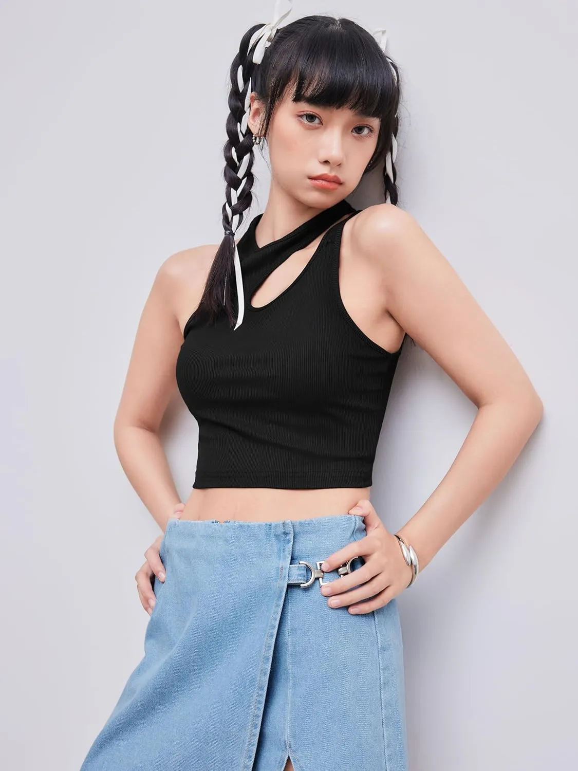 CIDER Women's Cut Out Tops Asymmetrical Neck Sleeveless Crop Tank Tops Slim Fitted Ribbed Tee Trendy Y2K Outfits