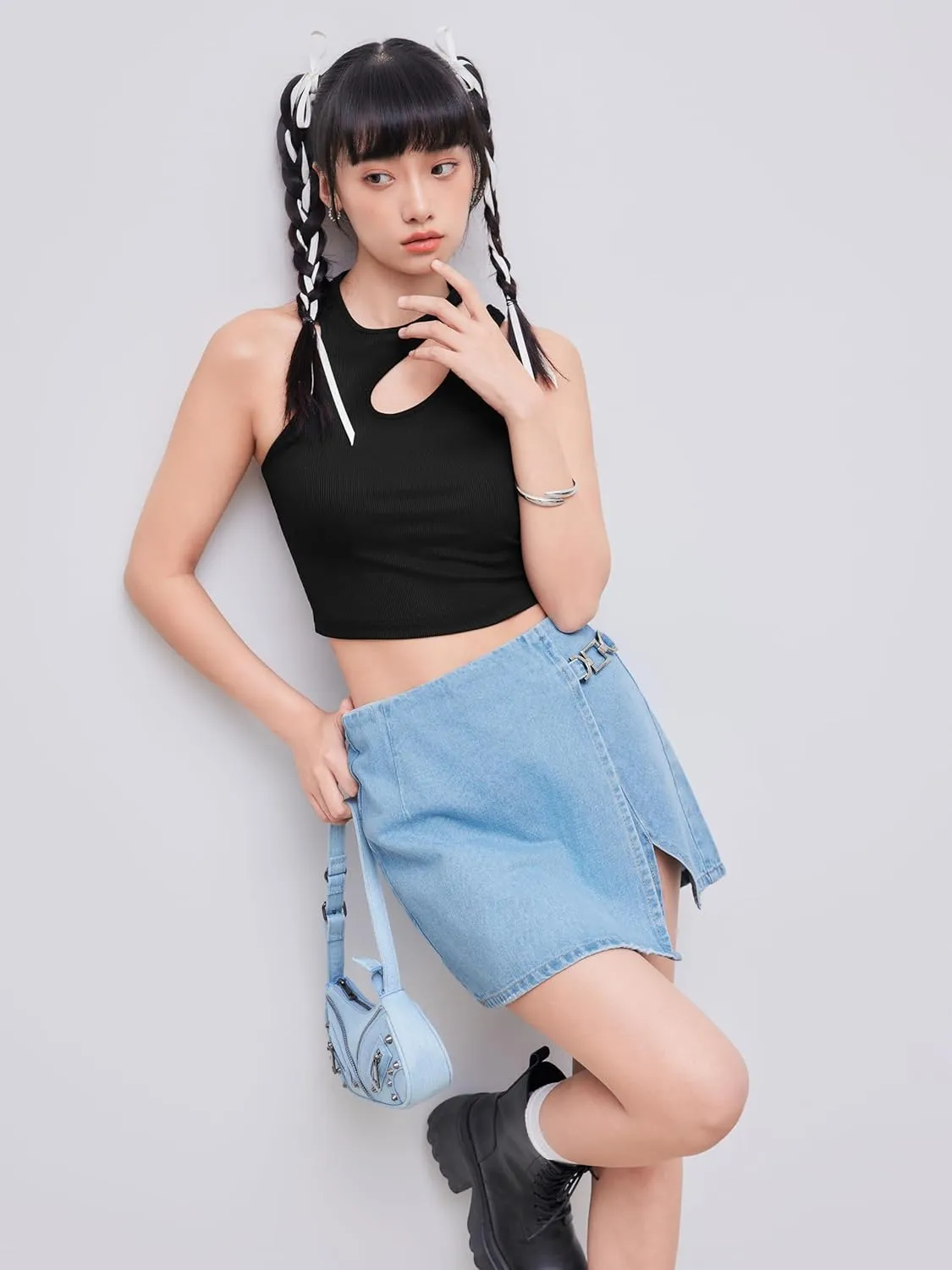 CIDER Women's Cut Out Tops Asymmetrical Neck Sleeveless Crop Tank Tops Slim Fitted Ribbed Tee Trendy Y2K Outfits