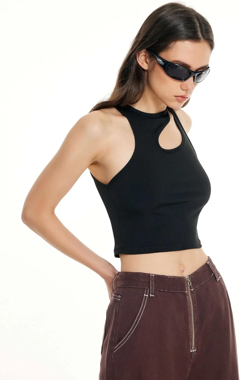 CIDER Women's Cut Out Tops Asymmetrical Neck Sleeveless Crop Tank Tops Slim Fitted Ribbed Tee Trendy Y2K Outfits
