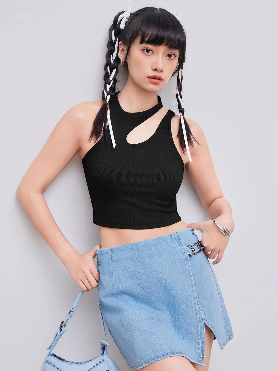 CIDER Women's Cut Out Tops Asymmetrical Neck Sleeveless Crop Tank Tops Slim Fitted Ribbed Tee Trendy Y2K Outfits