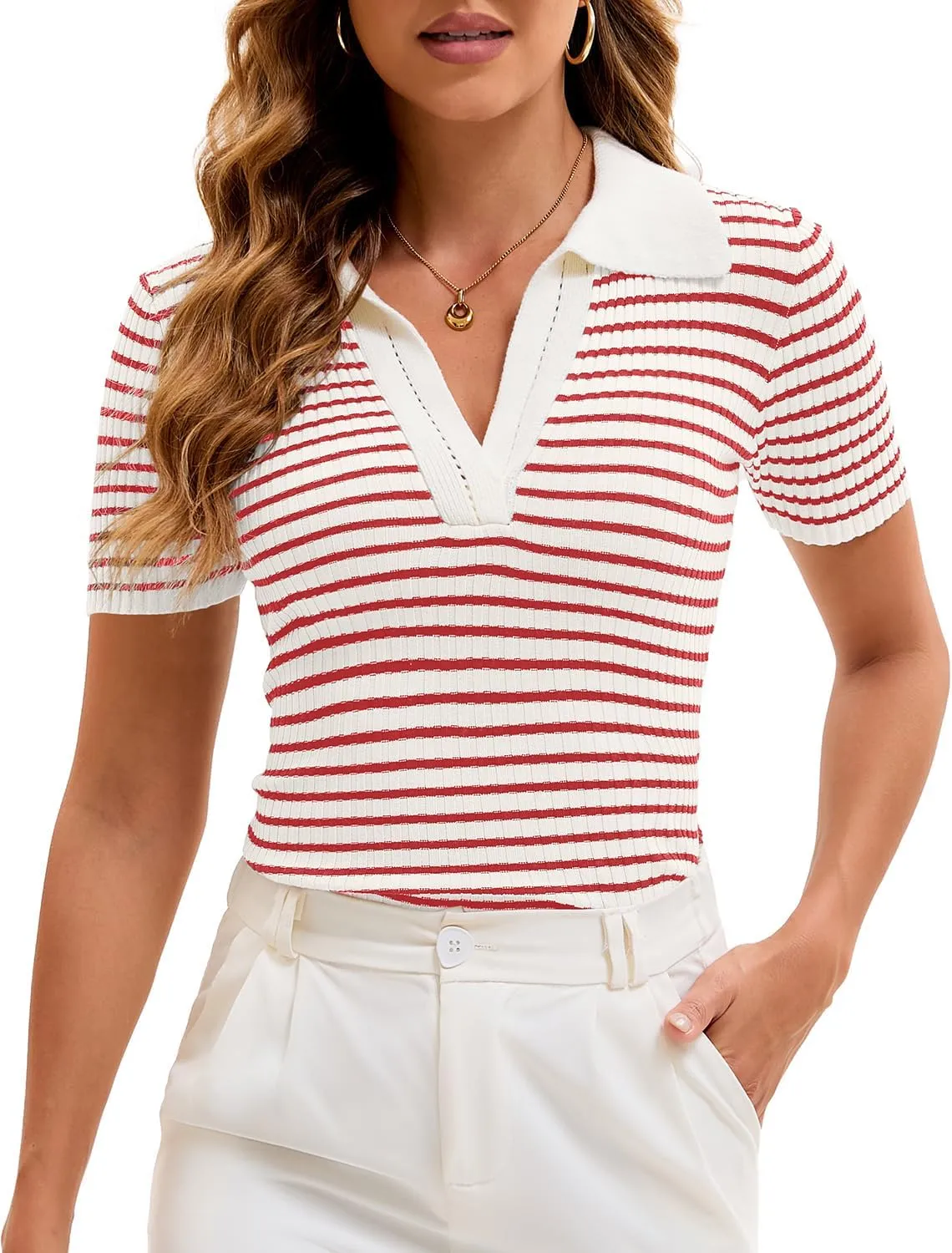 Cioatin Women Short Sleeve Striped Knit Polo Crop Shirt Tops Vintage Collar V Neck Slim Fit T-Shirt Aesthetic Going Out