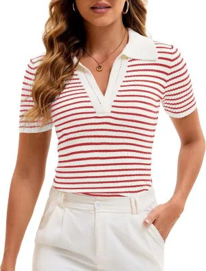 Cioatin Women Short Sleeve Striped Knit Polo Crop Shirt Tops Vintage Collar V Neck Slim Fit T-Shirt Aesthetic Going Out