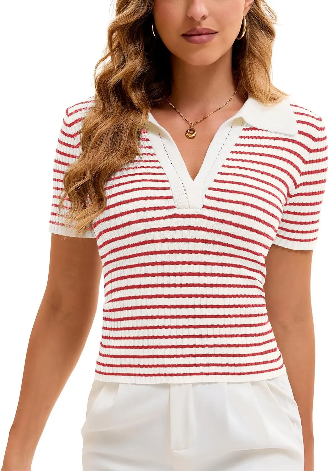 Cioatin Women Short Sleeve Striped Knit Polo Crop Shirt Tops Vintage Collar V Neck Slim Fit T-Shirt Aesthetic Going Out