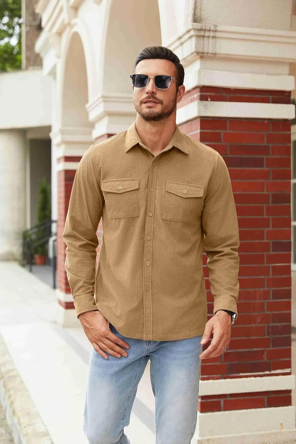 COOFANDY Men's Button Down Waffle Shirt Jacket Casual Long Sleeve Shacket Lightweight Overshirts with Flap Pockets