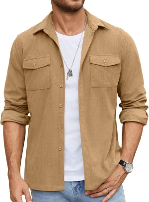 COOFANDY Men's Button Down Waffle Shirt Jacket Casual Long Sleeve Shacket Lightweight Overshirts with Flap Pockets