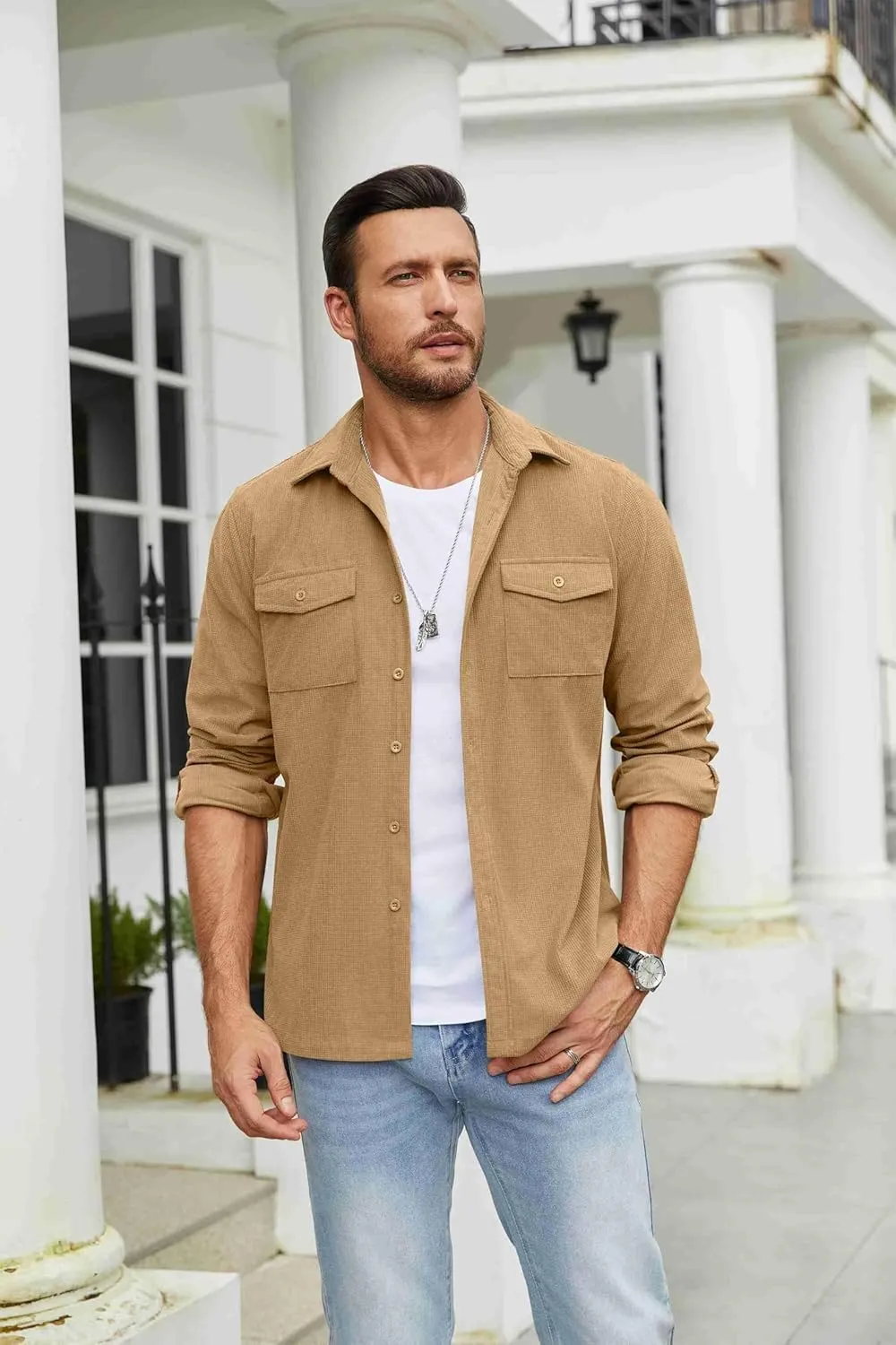 COOFANDY Men's Button Down Waffle Shirt Jacket Casual Long Sleeve Shacket Lightweight Overshirts with Flap Pockets