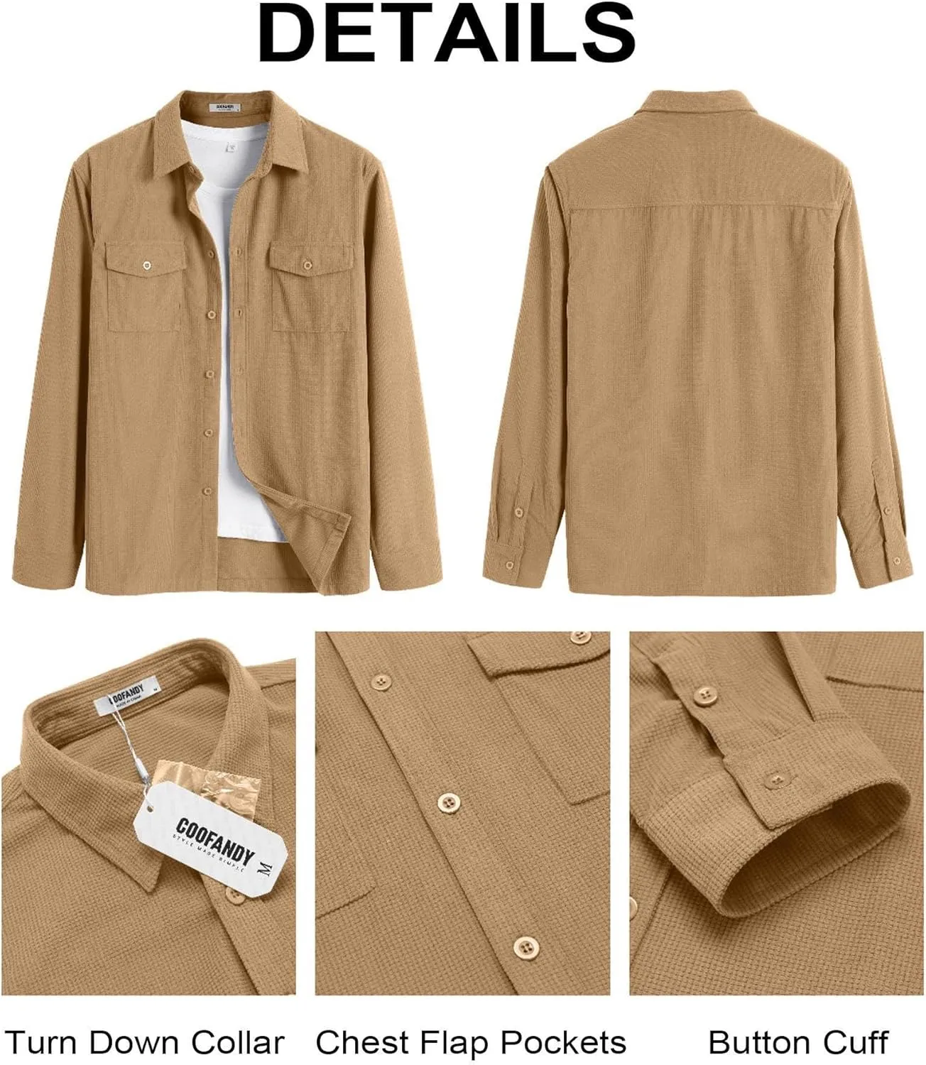 COOFANDY Men's Button Down Waffle Shirt Jacket Casual Long Sleeve Shacket Lightweight Overshirts with Flap Pockets