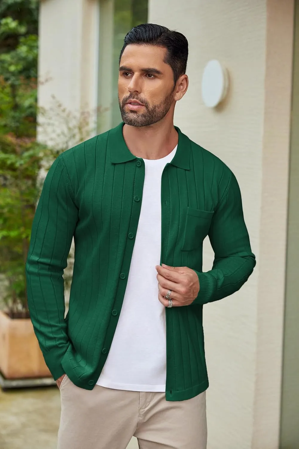 COOFANDY Men's Casual Knit Polo Shirts Long Sleeve Button Down Sweater Polo Ribbed Cardigan Sweater with Pocket