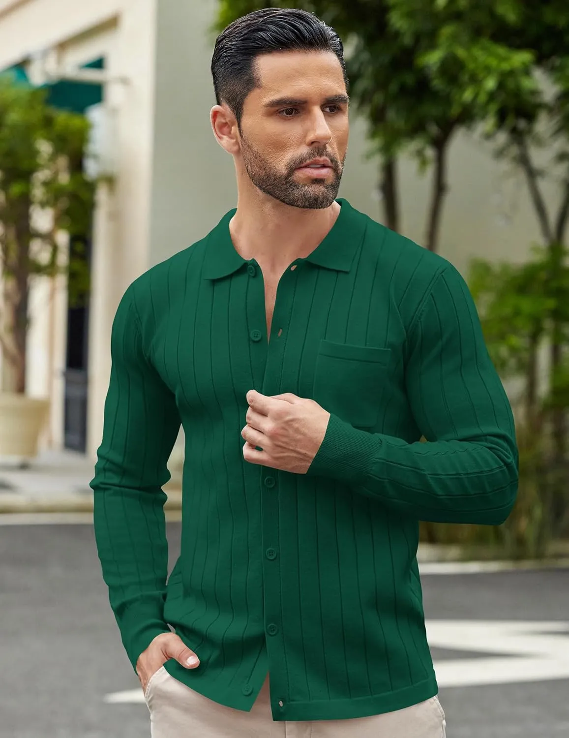 COOFANDY Men's Casual Knit Polo Shirts Long Sleeve Button Down Sweater Polo Ribbed Cardigan Sweater with Pocket