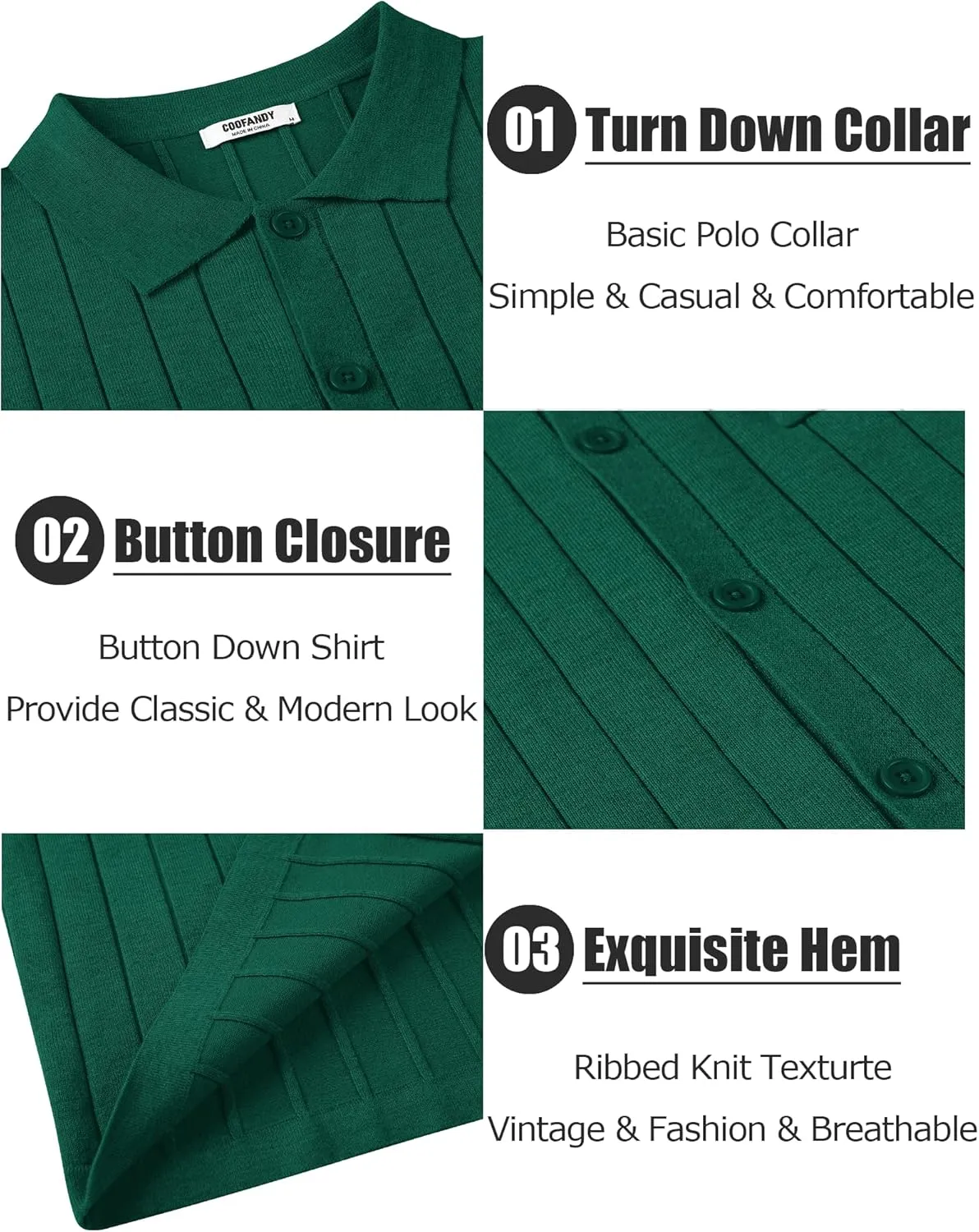 COOFANDY Men's Casual Knit Polo Shirts Long Sleeve Button Down Sweater Polo Ribbed Cardigan Sweater with Pocket