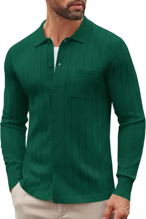 COOFANDY Men's Casual Knit Polo Shirts Long Sleeve Button Down Sweater Polo Ribbed Cardigan Sweater with Pocket