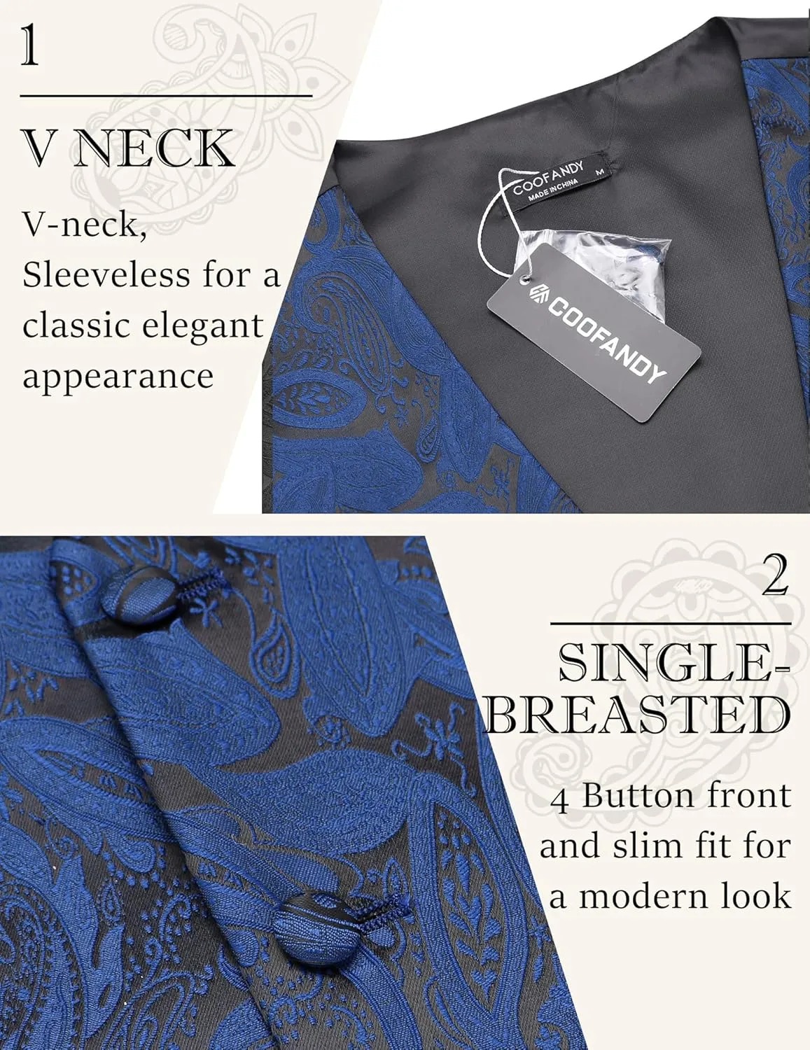 COOFANDY Men's Christmas Vest Tie Set 3PC Paisley Jacquard Waistcoat and Necktie Pocket Square for Holiday Party Wedding
