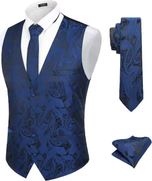 COOFANDY Men's Christmas Vest Tie Set 3PC Paisley Jacquard Waistcoat and Necktie Pocket Square for Holiday Party Wedding