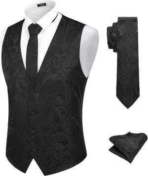 COOFANDY Men's Christmas Vest Tie Set 3PC Paisley Jacquard Waistcoat and Necktie Pocket Square for Holiday Party Wedding