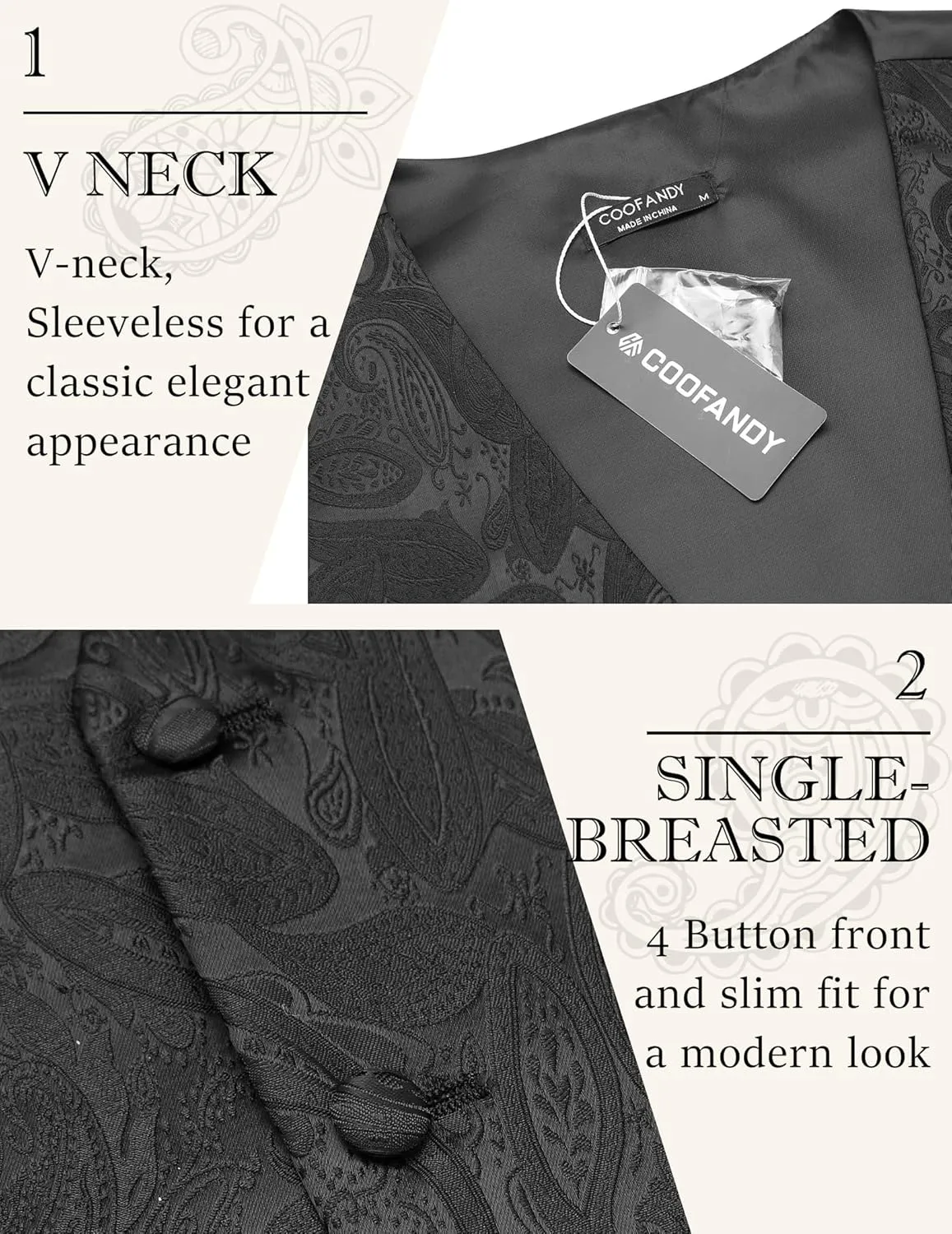 COOFANDY Men's Christmas Vest Tie Set 3PC Paisley Jacquard Waistcoat and Necktie Pocket Square for Holiday Party Wedding