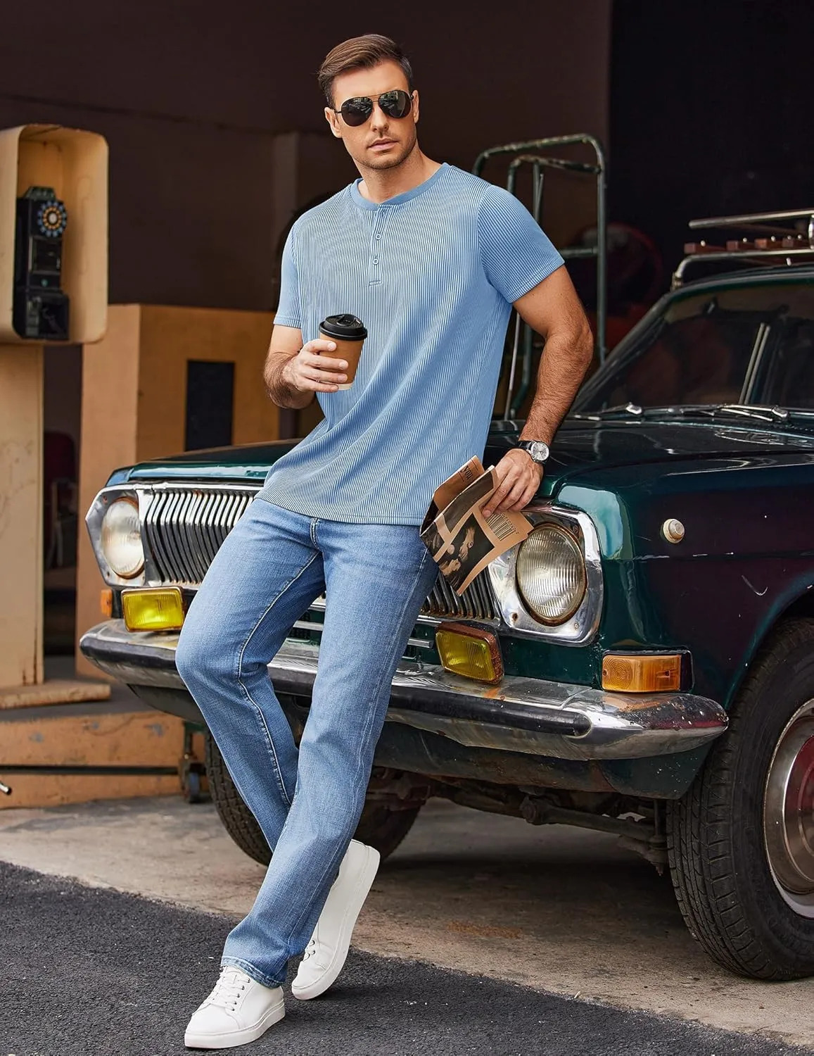 COOFANDY Men's Henley Shirts Short Sleeve Casual Tee Summer Button Henley Soild T Shirts