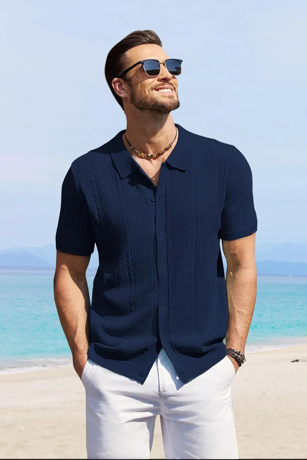 COOFANDY Mens Knit Polo Shirts Short Sleeve Button Down Shirts Casual Crochet Shirt Summer Vintage Polo