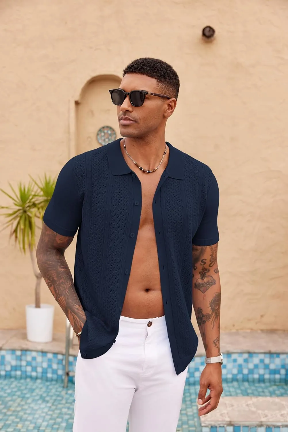 COOFANDY Mens Knit Polo Shirts Short Sleeve Button Down Shirts Casual Crochet Shirt Summer Vintage Polo
