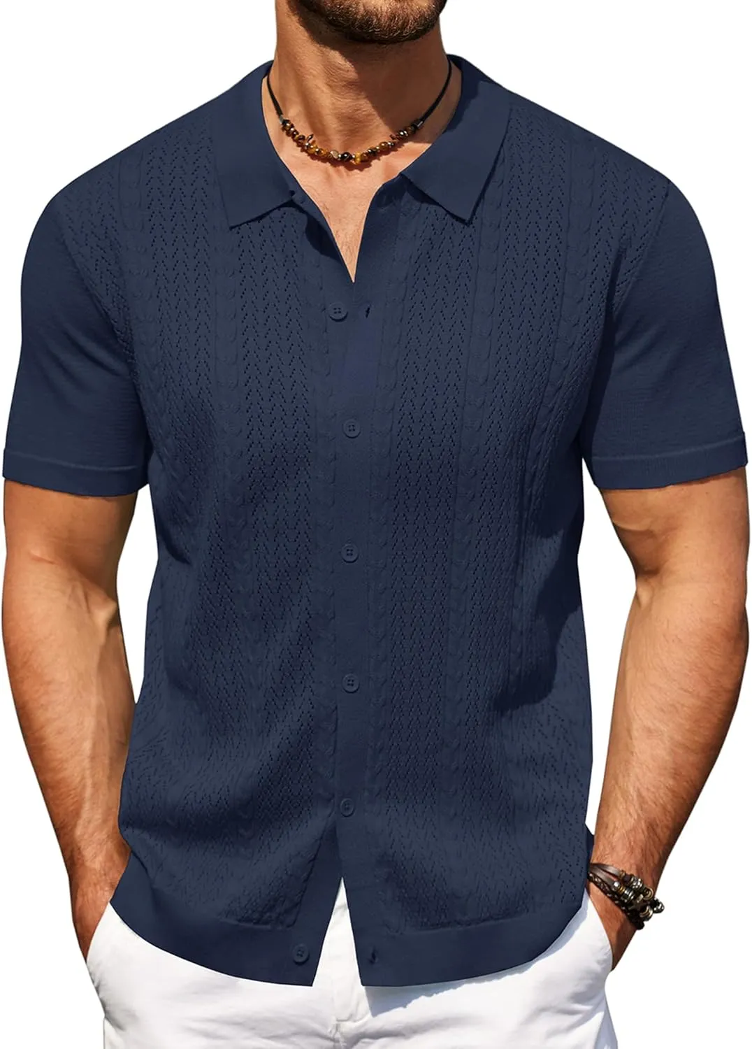 COOFANDY Mens Knit Polo Shirts Short Sleeve Button Down Shirts Casual Crochet Shirt Summer Vintage Polo