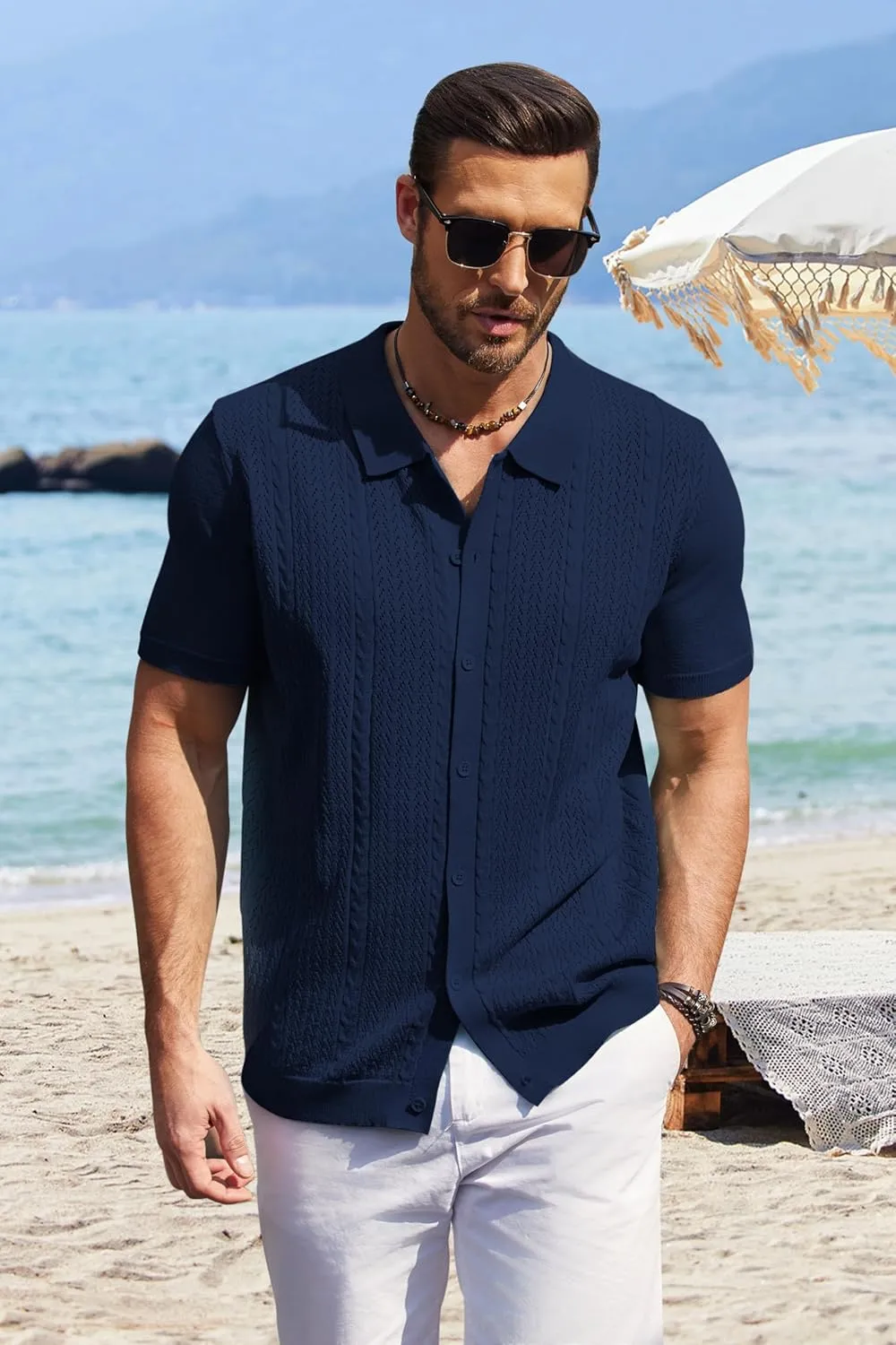 COOFANDY Mens Knit Polo Shirts Short Sleeve Button Down Shirts Casual Crochet Shirt Summer Vintage Polo