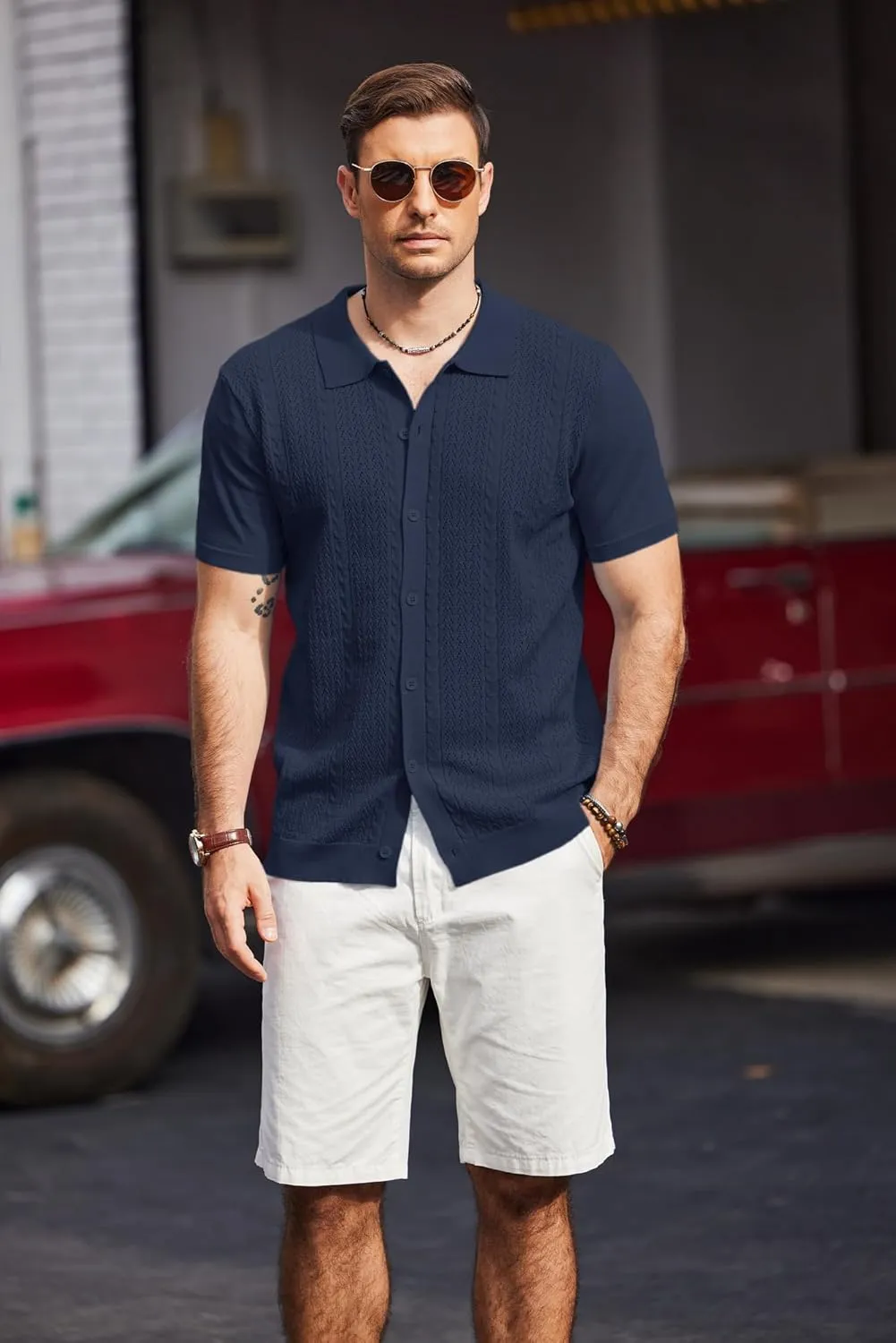 COOFANDY Mens Knit Polo Shirts Short Sleeve Button Down Shirts Casual Crochet Shirt Summer Vintage Polo