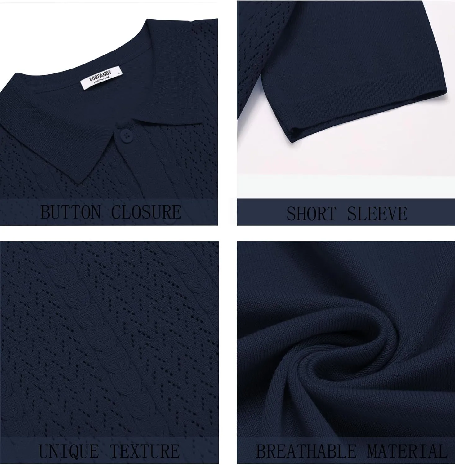 COOFANDY Mens Knit Polo Shirts Short Sleeve Button Down Shirts Casual Crochet Shirt Summer Vintage Polo
