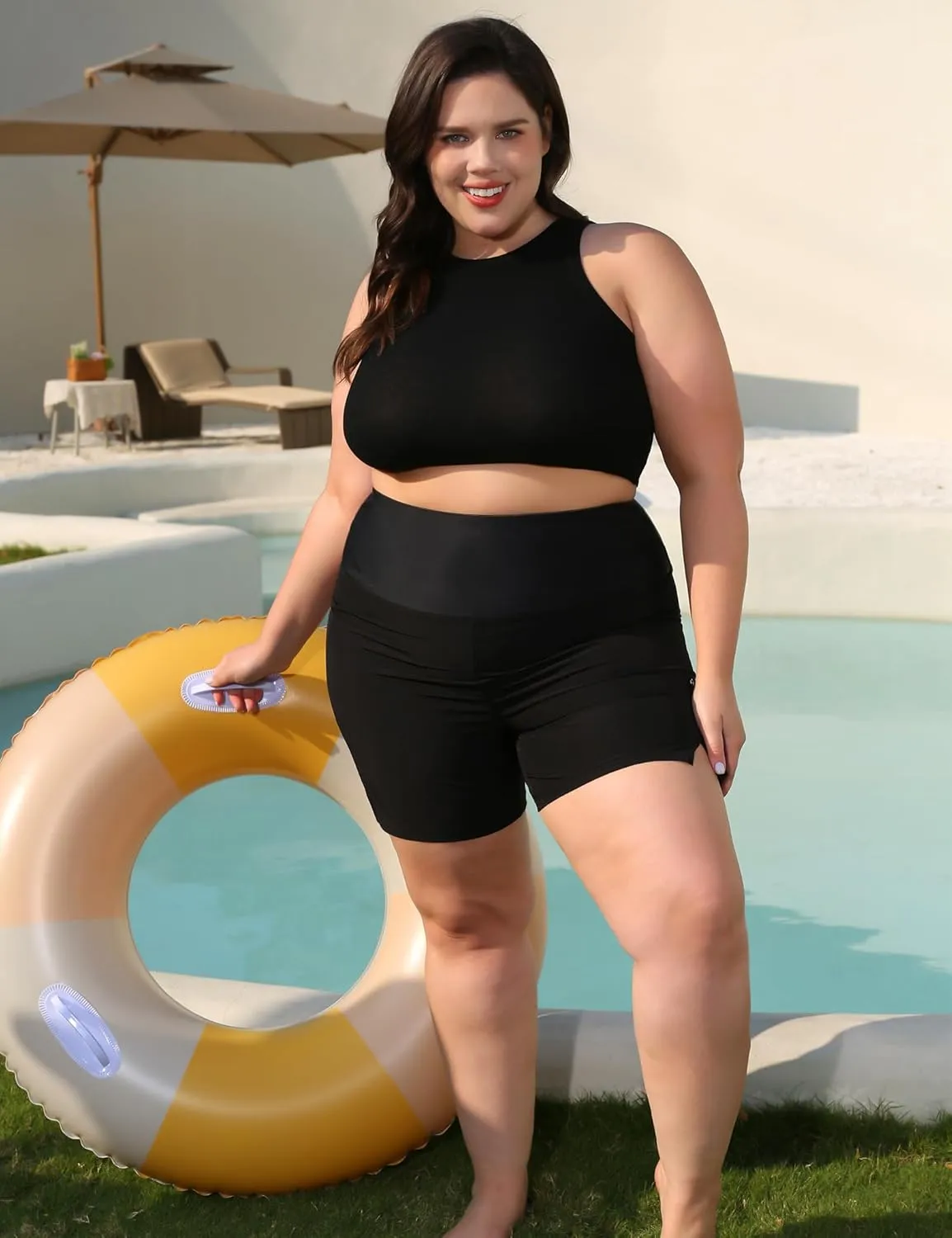 COOTRY Womens 5'' Plus Size Swim Board Shorts High Waisted Quick Dry Beach Shorts Swimsuit Bottoms with Pockets