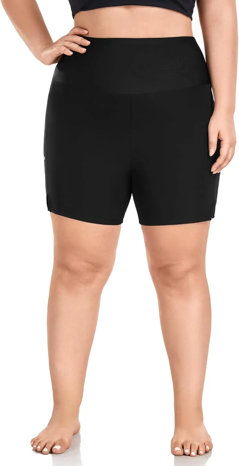 COOTRY Womens 5'' Plus Size Swim Board Shorts High Waisted Quick Dry Beach Shorts Swimsuit Bottoms with Pockets