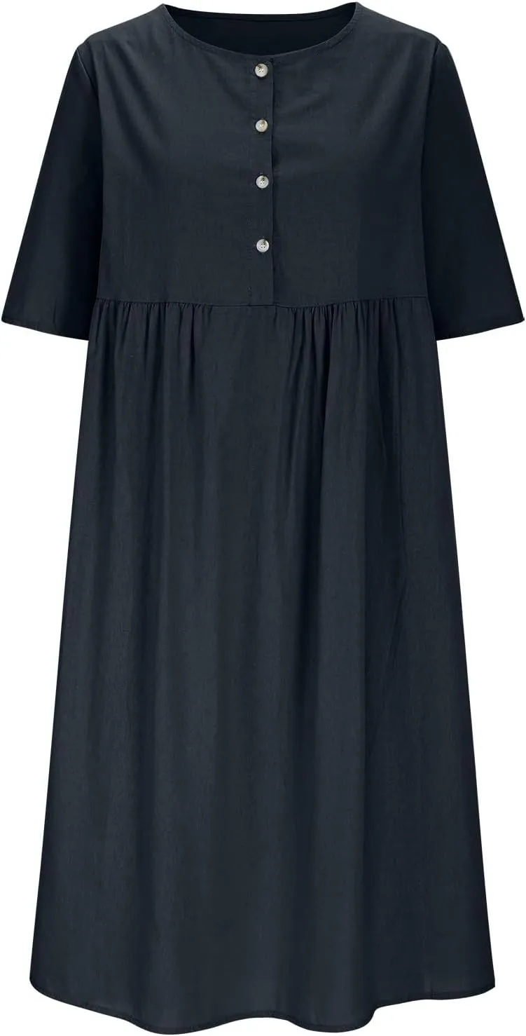 Cotton Linen Button Down Crewneck Midi Dress for Women Pleated High Waisted Loose Casual Plus Size Knee Length Dress