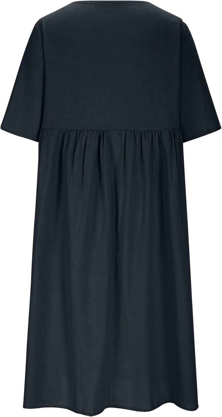 Cotton Linen Button Down Crewneck Midi Dress for Women Pleated High Waisted Loose Casual Plus Size Knee Length Dress