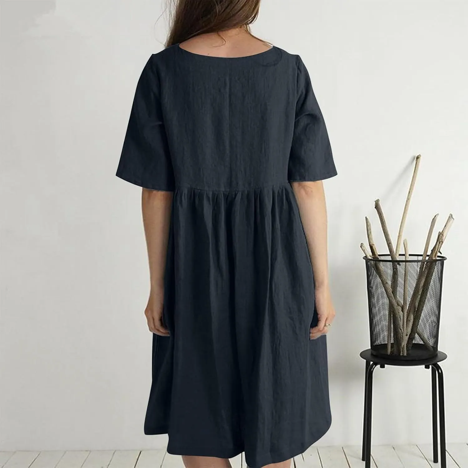 Cotton Linen Button Down Crewneck Midi Dress for Women Pleated High Waisted Loose Casual Plus Size Knee Length Dress