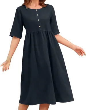 Cotton Linen Button Down Crewneck Midi Dress for Women Pleated High Waisted Loose Casual Plus Size Knee Length Dress