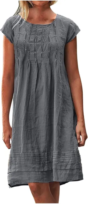 Cotton Linen Dresses for Women Casual Short Sleeve Crew Neck Floral Embroidery Dress Loose Pleated Front Midi Dress
