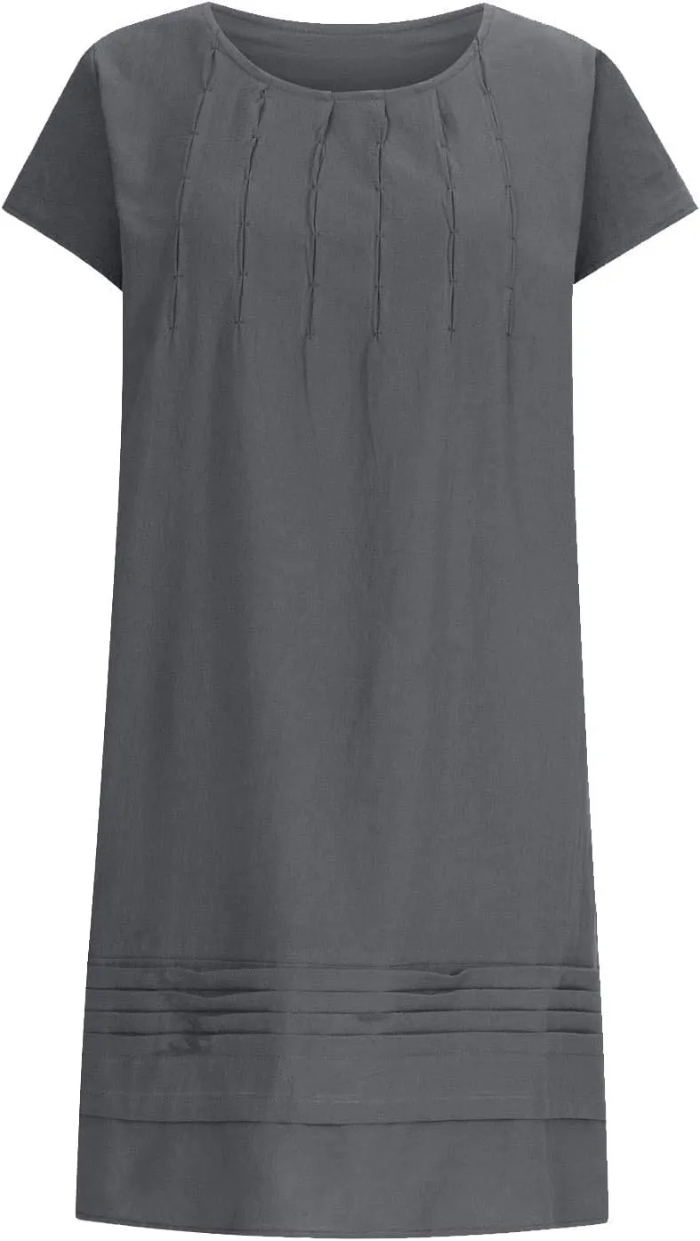 Cotton Linen Dresses for Women Casual Short Sleeve Crew Neck Floral Embroidery Dress Loose Pleated Front Midi Dress