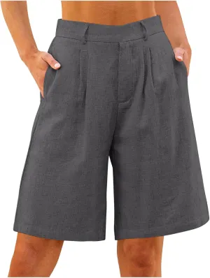 Cotton Linen Womens Bermuda Shorts Dressy Wide Leg Summer Shorts Pleated High Waisted Baggy Knee Length Short Pants