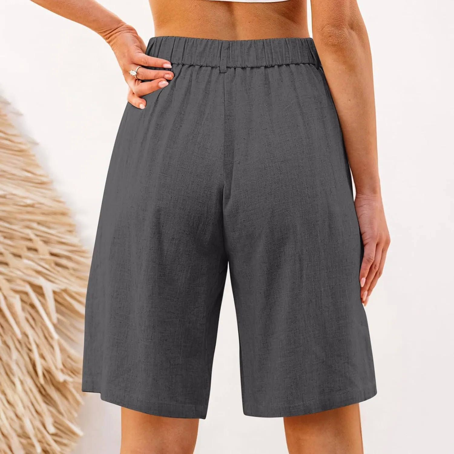 Cotton Linen Womens Bermuda Shorts Dressy Wide Leg Summer Shorts Pleated High Waisted Baggy Knee Length Short Pants