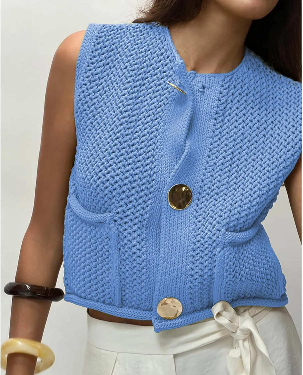 COZYPOIN Women's Sweaters Vest 2025 Button Down Sleeveless Chunky Cropped Knit Cardigan Crochet Tank Tops with Pockets